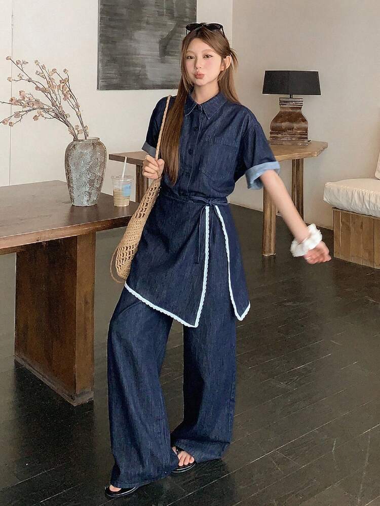 Women's Casual Korean Style Denim 3-Piece Set: Water-Washed Shirt, Wide-Leg Pants And Tie Waist Skirt