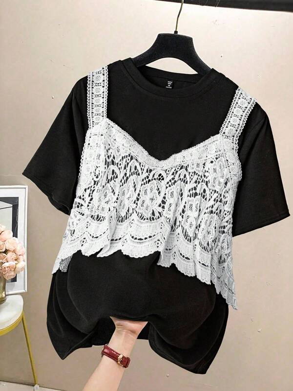 SHEIN Clasi Plus Size Women's Spring/Summer Knitted Lace Patchwork Round Neck Drop Shoulder Short Sleeve Loose Casual Fashion Elegant Chic T-Shirt For Daily Wear & Vacation Summer Women Clothes  Curve Plus   Vacation Women Clothes   Shein Curve
