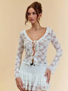 SHEIN BAE 黑色性感蕾丝甜美荷叶边前系带透视上衣，适合女性/秋季女性/西部/牛仔风格 - 白色 - 查看 1