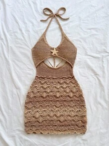 Soleia 性感细肩带 V 领镂空金属海星装饰女士紧身毛衣裙，波西米亚风，波西米亚风，浪漫花卉，度假风，花卉 - 棕色 - 查看 4