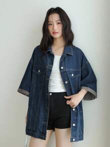 SHEIN Unity Áo khoác denim rộng rãi, giặt thường ngày cho nữ, Áo khoác denim nữ cho giáo viên, Áo khoác nữ cho giáo viên, Áo khoác mùa thu cho trường học - Rửa trung bình - Xem 3