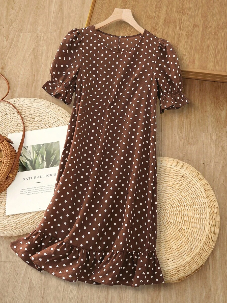 Rusticease Đầm midi tay lỡ in họa tiết chấm bi mùa hè cho nữ - Màu Khaki - Xem 1