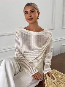 DAZY Dessus ample transparent et semi-transparent de couleur unie minimaliste et décontracté pour les vacances, avec ourlet enveloppant et détails ajourés