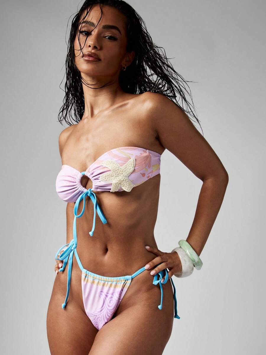MISSGUIDED Bộ bikini Bandeau đính sao biển ngọc trai mùa hè bãi biển hồ bơi khu nghỉ dưỡng mặc đồ bơi hai mảnh dây buộc bên hông - Nhiều màu - Xem 1
