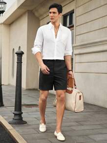 Manfinity VCAY Men's Fashionable Black Dress Shorts,Comfortable Casual Versatile Summer Shorts For Men,Old Money Style Commuting Shorts - Black - View 2