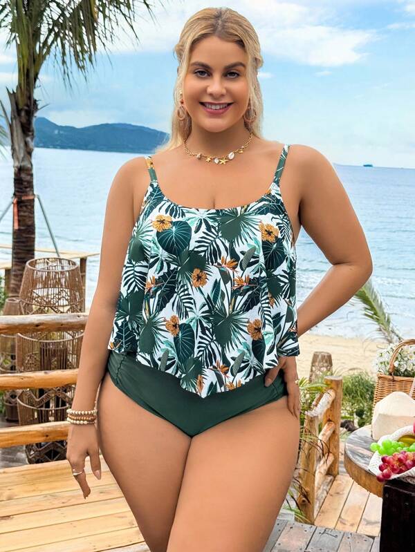 Swim Lushoire Set di tankini da donna taglie forti con stampa di piante tropicali