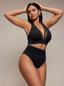 Shapewave 2pcs Women Black Bikini Set,Mesh Panel,Crossover Strap V-Neck,Backless Ribbon Tie,High Waist Ruched Bottoms,Elegant Summer Beach Vacation Holiday - Black - View 5
