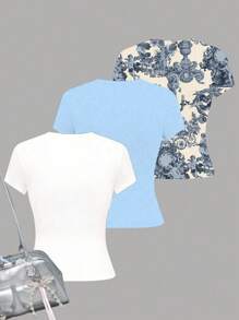 青少年女孩修身休闲简约法国蓝色天使雕像，花卉印花，清凉度假热带蓝色水彩花卉，蓝色贝壳定位印花，3 件套青少年女孩修身休闲舒适圆领贴身长袖 T 恤套装适合夏季 - 彩色 - 查看 2