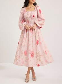 Modelyn 女士花卉印花蝙蝠袖方领长裙 - 粉色 - 查看 5