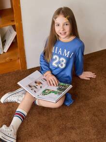 JNSQ Tween Girls Autumn Ribbed Collar Funny Number & Letter Print Loose Long Sleeve Dress, Suitable For Autumn/Winter Daily Wear, Outdoor Activities, Vacation, Streetwear, Party And Casual - Blue - View 2