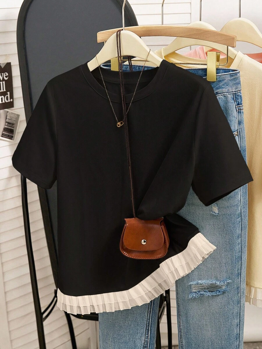 INAWLY Kaos Lengan Pendek Wanita Kasual dengan Detail Ruffle Kontras untuk Musim Panas - Hitam - View 1