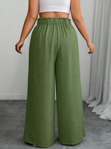 SHEIN PETITE CURVE 大码纯色休闲裤，夏季时尚 - 軍綠色 - 查看 2