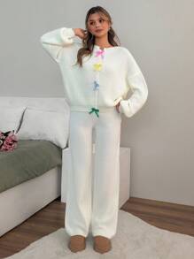 EURMUSE Women Bow Front Cute Cardigan And Sweater Pant 2pcs Set Co-Ord Two Pieces Set - Cream - View 5