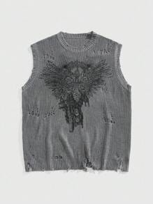 ROMWE MEN Street Life Men's Crew Neck Distressed Print Knitted Vest - Grey - View 1