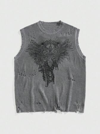 Street Life Gilet homme col rond imprimé délavé en tricot
