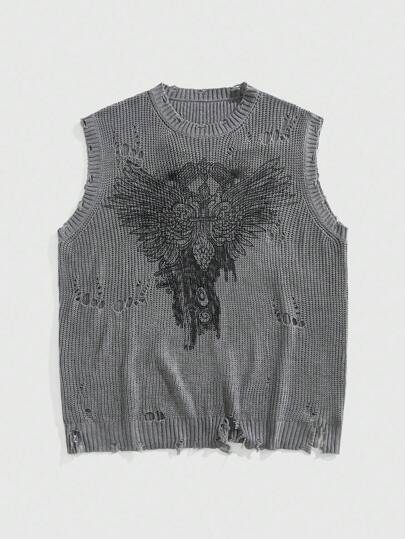 Grunge Punk Herren Rundhals-Strickweste mit verwittertem Muster