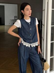 DAZY 女士优雅蕾丝拼布圆领背心和阔腿牛仔裤两件套 - 深色水洗藍 - 查看 8