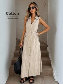 Easowa V 领纽扣前开高开衩春夏无袖连衣裙，条纹棉质面料 Old Money 风格 - 杏色 - 查看 5