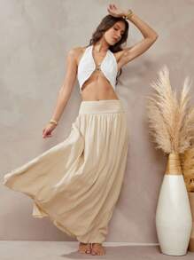 L'Amorae 女士纯色高腰褶皱长裙，休闲装，暑假装，休闲装，返校装 - 杏色 - 查看 4