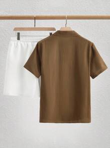 Mainfolk 2件套男士夏季简约通勤Polo领短袖衬衫套装男2件套男士2件套2件套男士夏季男士两件套棕色衬衫套装 - 彩色 - 查看 2