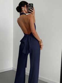 Firerie 女士优雅浪漫休闲两件套 - 无袖交叉 V 领不对称下摆上衣和直筒裤，卡其色 - 适合夏季外出、度假、通勤 - 藏蓝色 - 查看 5