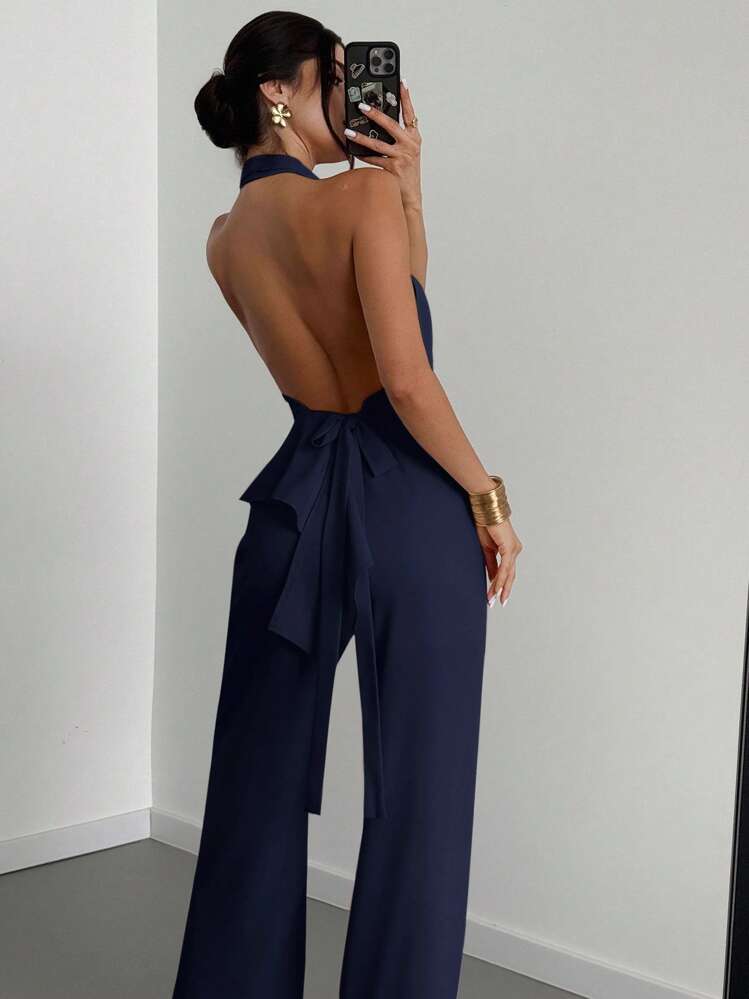 Firerie مجموعة أنيقة رومانسية كاجوال للنساء مكونة من قطعتين - ملابس علوية بياقة على شكل V وأكتاف مكشوفة وحاشية غير متماثلة، وبنطلون ساق مستقيمة، لون كاكي - للخروجات الصيفية والعطلات والتنقل - أزرق بحري - مشاهدة 5