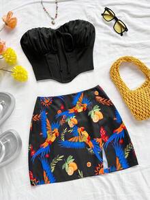 Soleia Damen einfarbiges Crop Top mit Bindedetail und Mini Rock mit Papageienmuster, für Urlaub, Musikfestival, Strand - Verschiedenfarbig - Übersicht 8