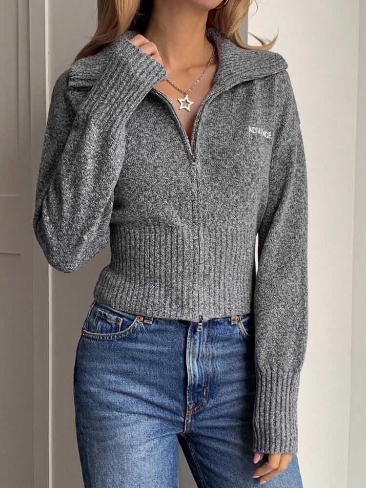Women's Letter Print Zip-Up Casual Long Sleeve Ribbed Collar Cardigan Fall/Winter