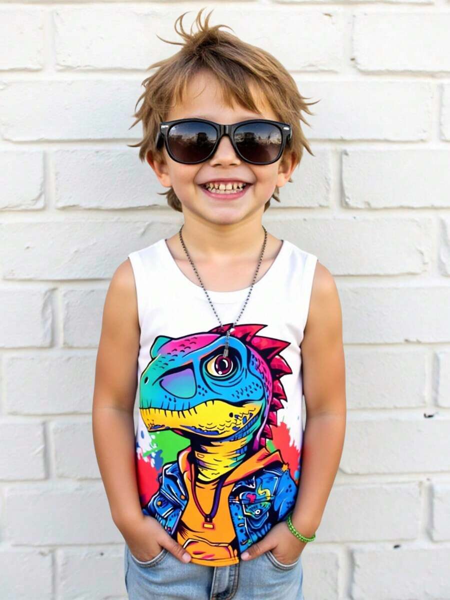 SHEIN Leap Crew 青少年休閒可愛卡通圖案圓領背心，適合夏天穿著 - 白色 - 查看 1