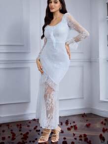 Modelyn Đầm dài tay thanh lịch dành cho nữ cổ vuông và lưới - Màu xanh lam - Xem 1