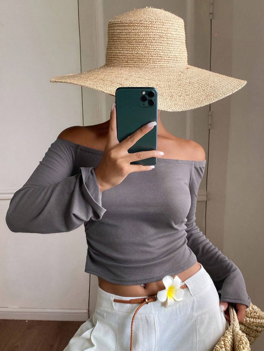 Livesso Women's Off-Shoulder Long Sleeve Sunscreen Shirt - Grey - View 1