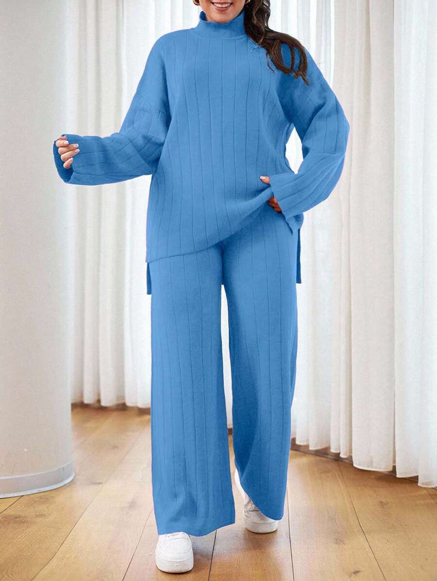 EURMUSE OLUS SIZE HIGH NECK CASUAL SWEATER CORDS - Baby Blue - View 1