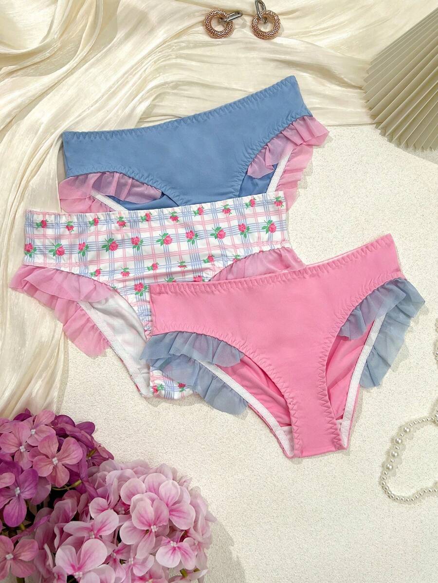 Tween Girl 3pcs Contrast Mesh Ruffle Trim Bikini Panty - Multicolor - View 1
