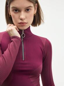 Gameset SHEIN Sport Women's Burgundy Seamless Long Sleeve Crop Top And Leggings Set,High-Waisted Workout Outfit For Fitness And Yoga - Red - View 4
