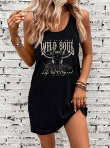 SHEIN LUNE Robe d'été sans manches style western minimaliste pour grandes tailles, robe d'été à col rond convenant pour l'été - Noir - Voir 1