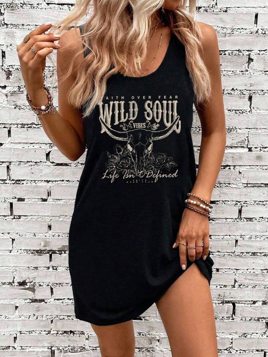 SHEIN LUNE Robe d'été sans manches style western minimaliste pour grandes tailles, robe d'été à col rond convenant pour l'été - Noir - Voir 1