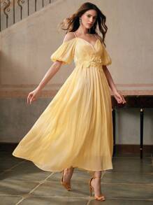 Anewsta Vestido mini ajustado de mujer con tirantes de espagueti, envolvente cruzado y cintura fruncida de unicolor - Amarillo - Ver 5