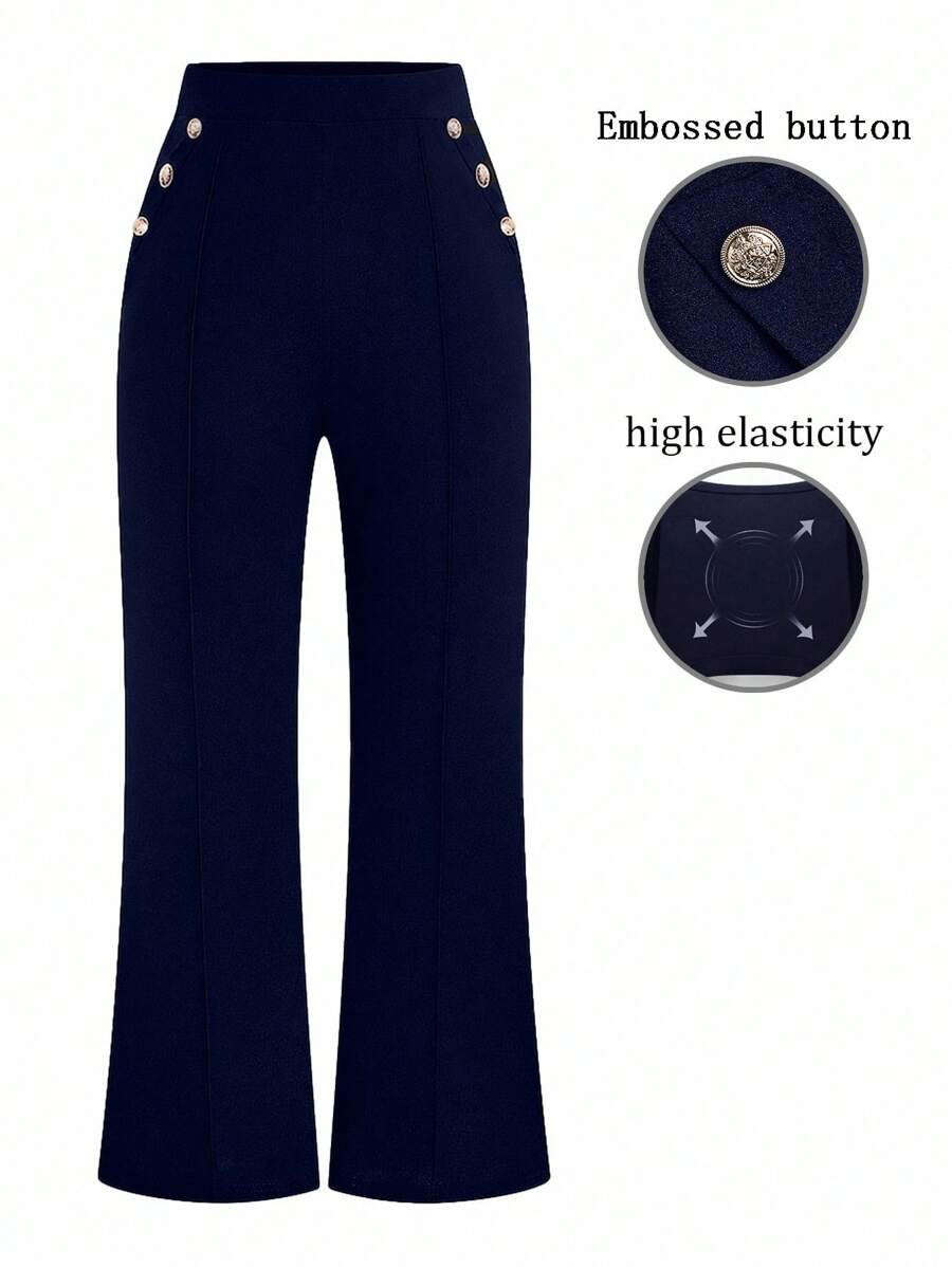 EMERY ROSE 大码女式纽扣装饰喇叭裤，休闲和商务 - 藏蓝色 - 查看 1