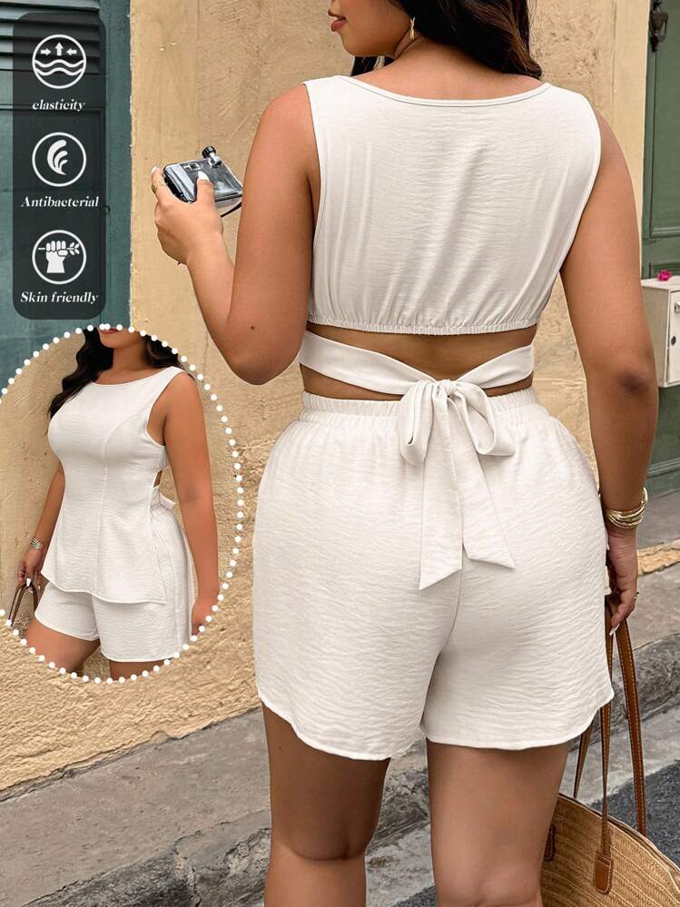 SHEIN LUNE Plus Size Women's Vacation Solid Color Backless Sleeveless Blouse And Shorts Casual 2 Pieces Set - Apricot - View 1