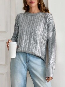 EURMUSE Shimmer Detail Cable Knit Sweater With Relaxed Fit For Effortless Chic Looks Metallic Sweater Women Silver Sweater Women Cable Knit Sweater Women Knit Top Womens Pullover,Jumper,Cream Jumper,Jumpers,Black Jumper,White Jumper,Women's Jumper,Women's Jumpers,Winter Clothes - Grey - View 3