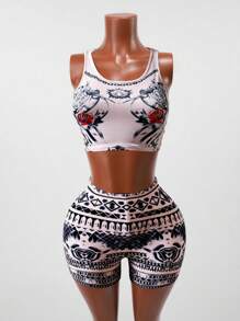 BamGleam 2-teiliges Set Damen Sommer Lässig Streetwear Vintage Sexy Barock Stil Outfit, Rundhals ärmelloses Korsett Top + Shorts, durchgängiges Barock Muster Muster in beige & schwarzem Blumen Netz Mesh - Verschiedenfarbig - Übersicht 4