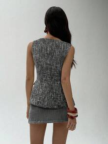 Aloruh Áo khoác vest vải tuýt không tay, ve áo đơn hàng khuy đơn thanh lịch dành cho nữ khi đi làm/đi chơi vào mùa thu/đông - Màu xám đen - Xem 2