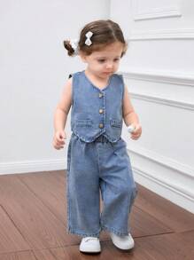 SHEIN HEIN 女童牛仔背带上衣和松紧腰裤两件套，儿童休闲度假波西米亚风家居服，毕业/派对/度假套装，秋季儿童休闲舒适装 - 淺色水洗藍 - 查看 5