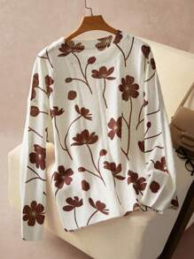 Elaquor Suéter de punto elegante y romántico con estampado floral diminuto de alta gama para mujer de talla grande, informal y francés, para otoño/invierno - Gris - Ver 3