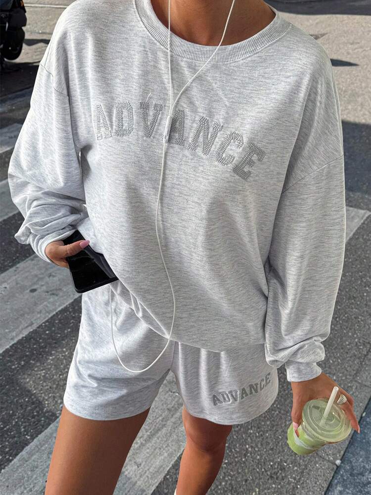Women Round Neck Long Sleeve Loose Shorts 2 Pieces Set Lounge Sets For Women