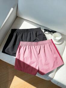 Comfortcana 2 件女式松紧腰条纹宽松休闲运动短裤，适合日常街头穿着，夏季