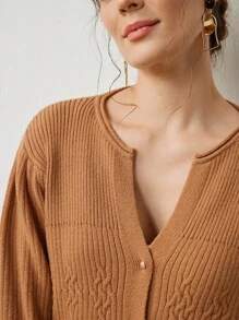 Uhlyne Women Casual Viscose Knit Solid Round Neck Commuter Elegant Cardigan For Summer & Autumn,Minimalist,Business Casual,Holiday Outfits,Work Wear,Teacher Outfits,Back To School,Fall,Old Money Style - Khaki - View 2