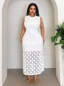 Veslaya 2025 Nouveau Printemps/Été Vêtements pour Femmes Grande Taille Automne/Retour à l'École/Début des Cours/Y2k/Travail/Bureau/Sortie/Vêtements d'Aéroport/Style de Rue/Punk/Décadent/Date de Remise des Diplômes/Vacances Élégantes/Tenue Femme Diplômée/Élégante Combinaison Tout Blanc Col Rond Sans Manches Bas Creux Grille Diamant Moyenne à Longue