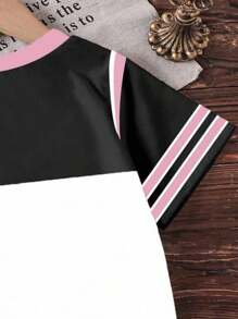 Tween 女童运动休闲时尚 28 号拼色条纹印花短袖 T 恤，粉色/黑色/白色，夏季 - 彩色 - 查看 3