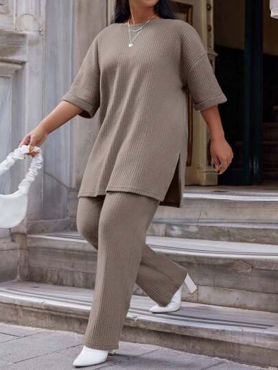 EURMUSE Cotton 2pcs/Set Women's Plus Size High-Low T-Shirt And Long Pants Set